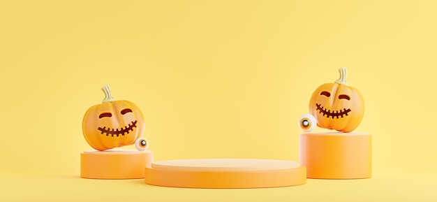 Rendu 3D du podium orange avec concept halloween, citrouille, oeil pour l'affichage du produit