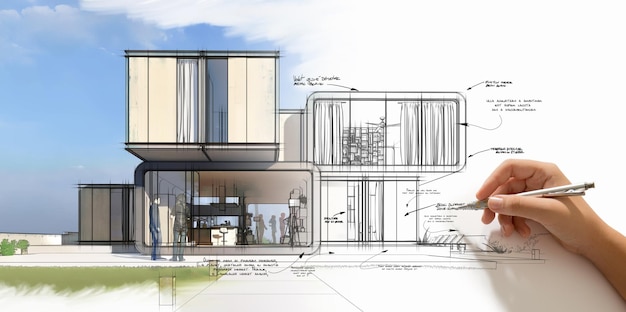 Rendu 3D du processus créatif de l'architecture, de la rédaction à la main au projet terminé