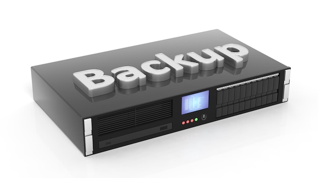 Rendu 3D du rack de stockage du serveur avec texte de sauvegarde isolé sur fond blanc