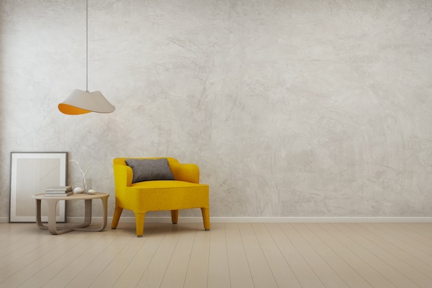 Rendu 3D du salon avec fond de mur en béton vide dans la maison moderne.