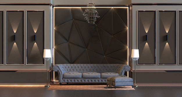 Rendu 3D du salon intérieur design avec lampe et panneau mural rembourré