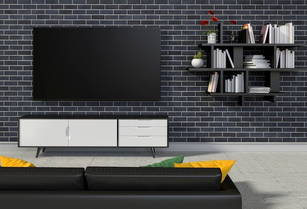 Rendu 3D du salon moderne intérieur avec Smart TV, armoire, canapé et décorations.