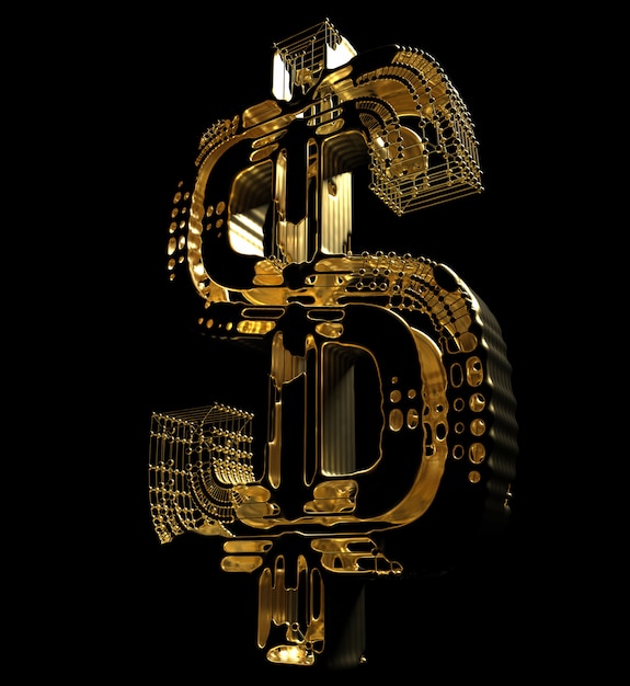 Rendu 3D du signe dollar abstrait dans la structure atomique de fil d'or avec un liquide doré autour sur fond noir