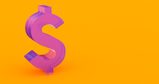 Rendu 3D du signe dollar coloré isolé sur fond jaune signe dollar en verre