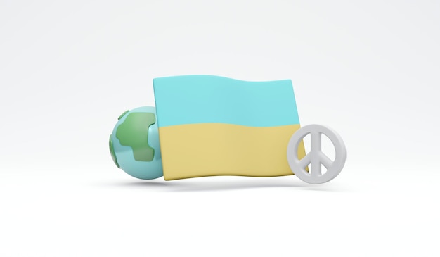 Rendu 3D du signe de paix du globe et du drapeau de l'Ukraine isolé sur fond blanc concept de non-guerre arrêter de combattre le style de dessin animé d'illustration de rendu 3D
