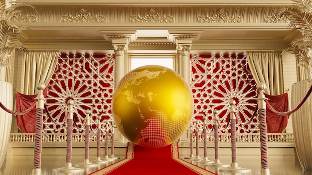 rendu 3d du tapis rouge avec des barrières menant à un globe doré