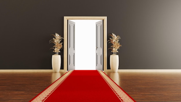 Rendu 3D du tapis rouge menant à un avenir de porte ouverte et à un concept d'accueil