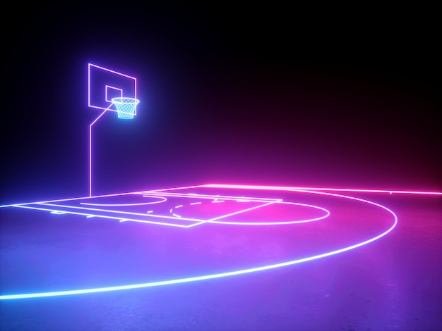 Rendu 3D du terrain de basket-ball au néon angle vue latérale aire de jeux de sport virtuel