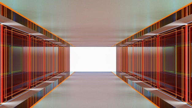 Rendu 3D du thème de science-fiction abstraite dans un style géométrique, éclairage abstrait dans le couloir