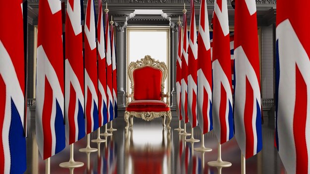 Rendu 3D du trône de la reine du trône britannique avec le drapeau britannique en arrière-plan rendu 3D