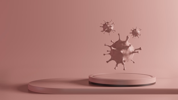 Le rendu 3D du virus corona rose sur socle sur fond rose, le concept minimal abstrait des formes d'épidémie de 2019-nCov comme le SRAS et le MERS peut être mortel, minimaliste de luxe