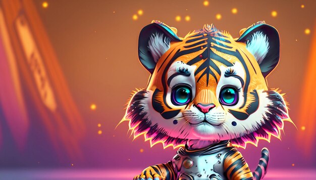 Rendu 3D dynamique personnage de tigre mignon dans la composition de l'affiche de film regarde vers la droite