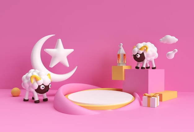 Rendu 3D Eid Mubarak Scène de scène de podium minimale pour l'affichage des produits Concept de conception de l'événement de vente islamique Eid al adha.