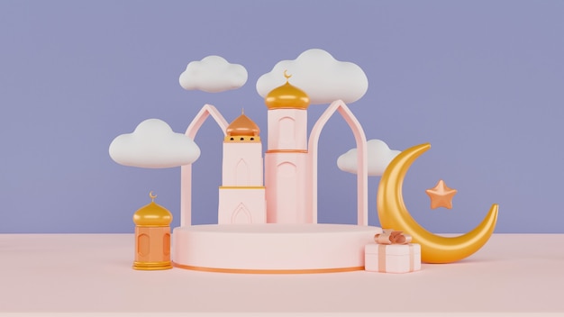 Photo rendu 3d eid murabak avec mosquée, lune et nuages sur fond à moitié bleu et rose