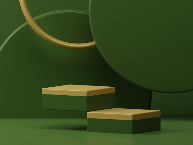 Rendu 3D élégant podium d'affichage de produit vert foncé et or avec fond de panneau mural rond