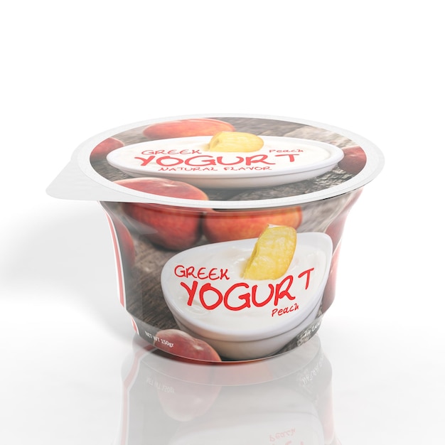 Rendu 3D de l'emballage de gobelet en plastique Peach Yogurt isolé sur fond blanc