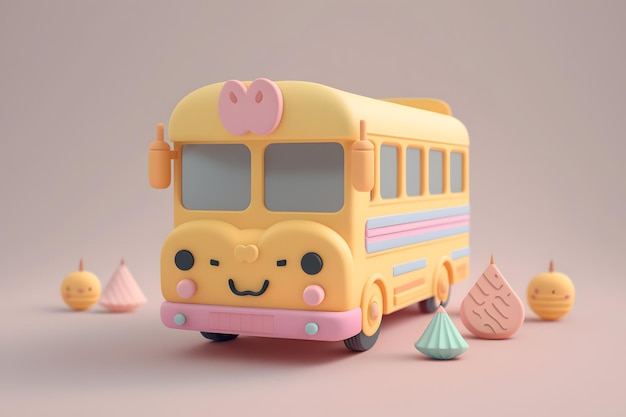 Rendu 3d d'emoji d'autobus scolaire de conception isométrique minuscule mignon