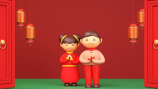 Rendu 3D Les enfants chinois saluent ou respectent les lanternes de salut du poing et de la paume accrochées à la porte asiatique sur fond rouge et vert avec espace de copie