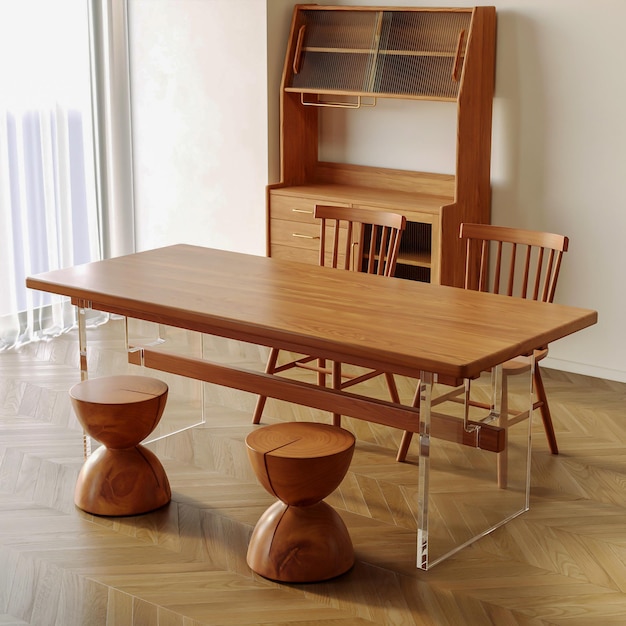 Rendu 3d ensemble de salle à manger table et chaise en bois mobilier d'intérieur