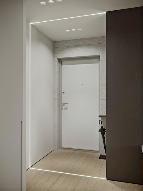 Rendu 3D de l'entrée de l'appartement avec porte blanche