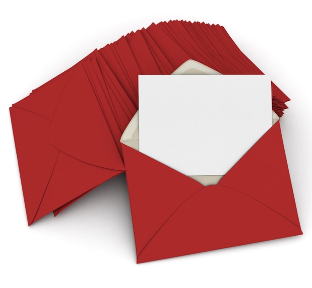 Rendu 3D d'une enveloppe ouverte et d'une carte vierge, au-dessus d'une pile de lettres rouges fermées