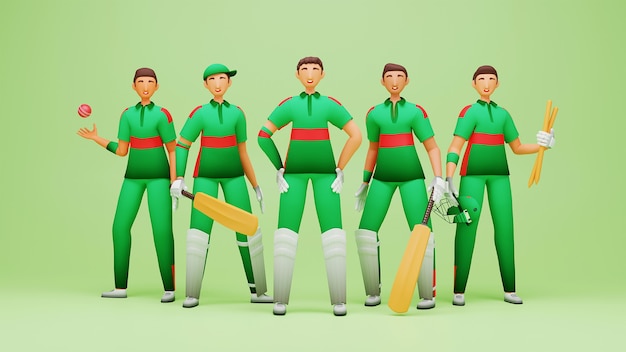 Rendu 3D De L'équipe De Joueurs De Cricket Du Bangladesh Sur Fond Vert.