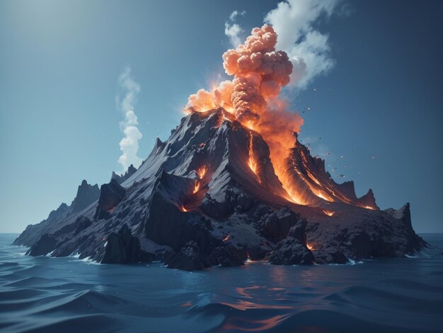 Rendu 3D d'éruption volcanique sous-marine dans les profondeurs