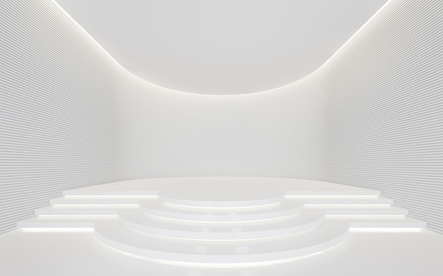 Rendu 3d de l'espace moderne de la salle blanche videDécorer le mur avec un motif de ligne d'horizon et une lumière cachée