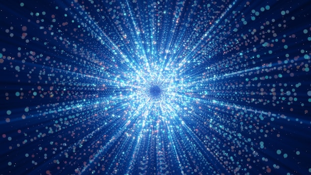 Photo rendu 3d de l'espace avec des particules collectées au centre. une explosion lumineuse et magique d'une étoile faite de particules