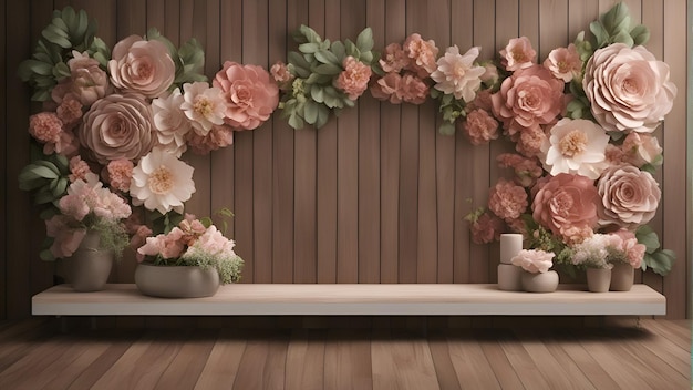 Rendu 3D d'une étagère à fleurs avec des fleurs sur fond de mur en bois