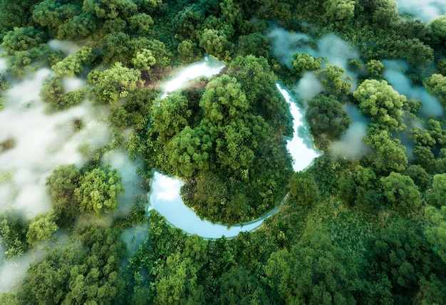 Rendu 3D d'un étang de jungle immaculé comportant une icône abstraite encourageant le recyclage et la réutilisation écologiques avec un symbole de recyclage central