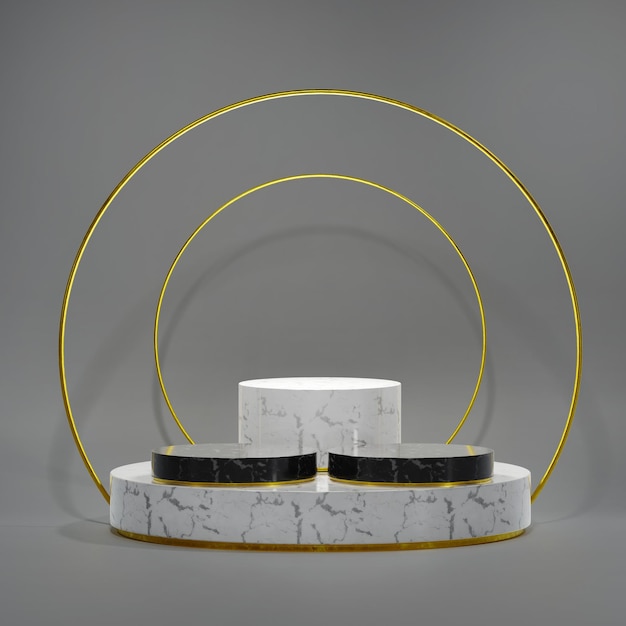 Rendu 3d d'étapes de piédestal en marbre blanc noir isolées sur fond gris, anneau doré, cadre rond