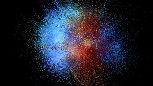 Rendu 3D d'une explosion colorée de particules colorées sur fond noir