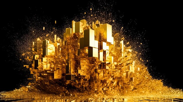 Rendu 3d de l'explosion de particules d'or Explosion de cubes d'or générés par Ai