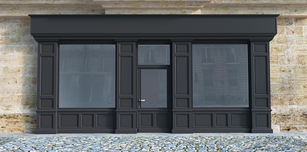 Photo rendu 3d d'une façade de devanture traditionnelle avec du bois gris foncé.