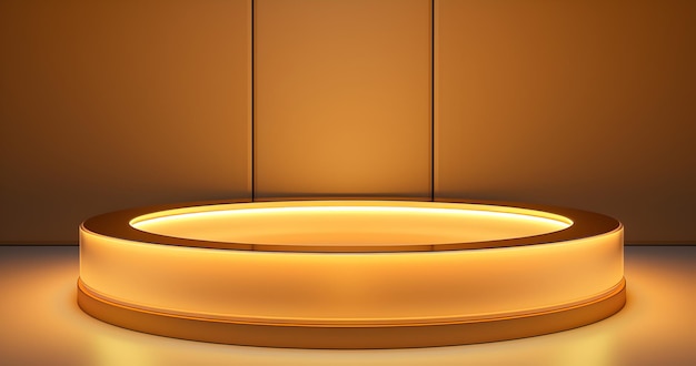Un rendu 3D fascinant de corniches dorées avec des accents de lumière au néon circulaire