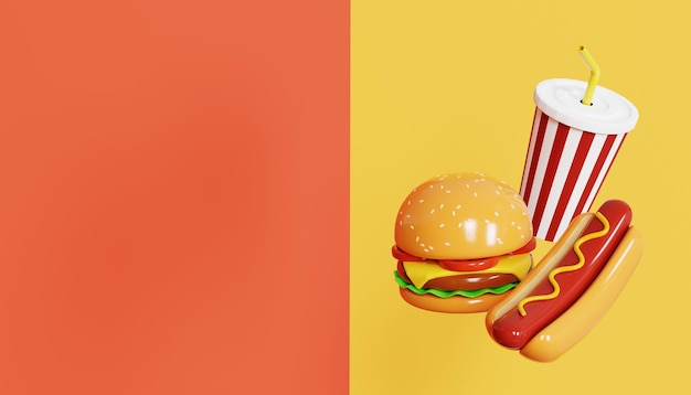 Rendu 3D de Fast Food Hamburger Hot Dog et Soft Drink flottant Copyspace