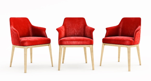 Rendu 3D de fauteuils rouges modernes isolés sur fond blanc, chaise orange avec pieds dorés