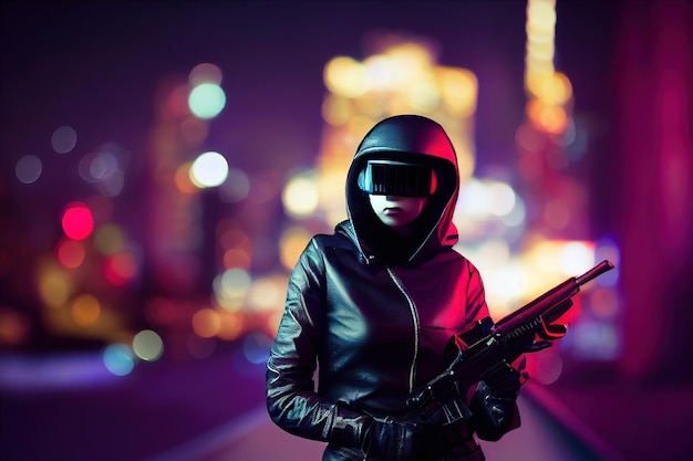 Rendu 3D Une femme futuriste en veste de cuir à capuche porte un casque de vision nocturne tient un fusil d'assaut