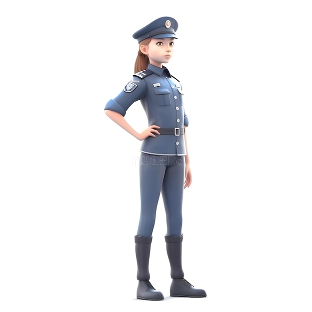 Rendu 3D d'une femme policier debout isolé sur fond blanc