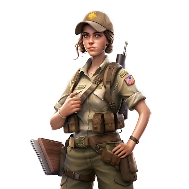 Rendu 3D d'une femme soldat avec un ordinateur portable isolé sur fond blanc
