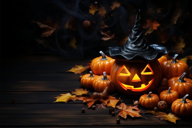 Rendu 3D festif de citrouilles Jack O Lantern, chapeaux de sorcière et bonbons pour Halloween