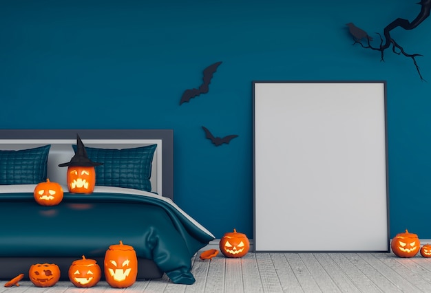 Rendu 3D de la fête d&#39;Halloween dans la chambre des citrouilles