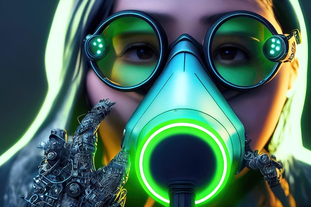 Rendu 3D d'une fille cyberpunk dans un masque à gaz futuriste