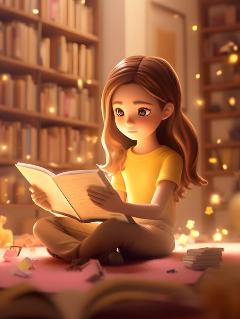 Rendu 3D d'une fille de dessin animé étudiant l'illustration de la journée mondiale du livre