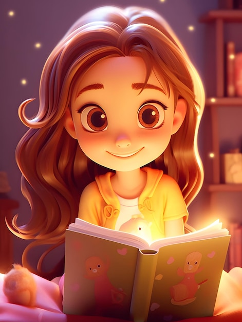 Rendu 3D d'une fille de dessin animé étudiant l'illustration de la journée mondiale du livre