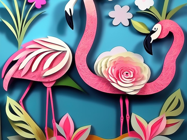 Rendu 3D de flamants roses et de fleurs sur fond bleu