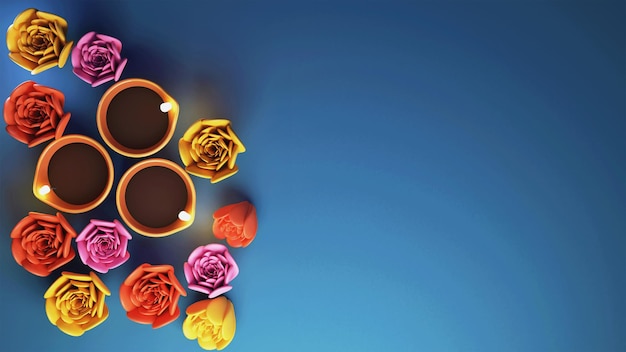 Rendu 3D de fleurs colorées avec des lampes à huile allumées pour les festivals de lumière indiens Happy Diwali Concept