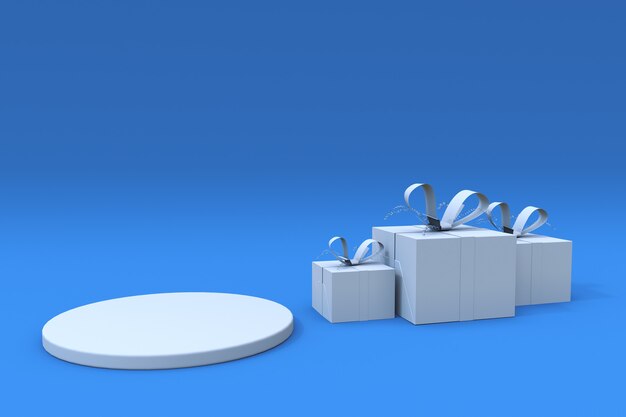 Rendu 3D de fond bleu abstrait scène minimale et podium blanc avec boîte-cadeau