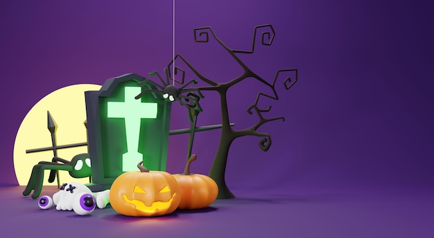 Rendu 3d Fond de jour d'Halloween heureux avec scène de nuit et fantôme de crâne de citrouilles d'Halloween fantasmagoriques